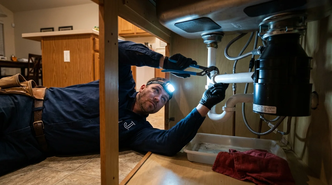 P-trap and supply line connections under a kitchen sink showing a common leak point in Verona, MS